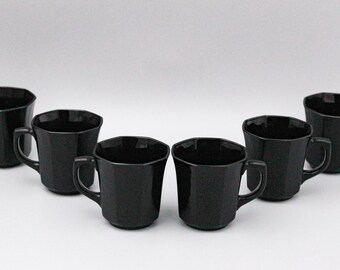 6 black opaline cups, France Vintage Arcopal Novoctime model