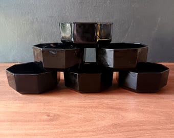 6 black tempered glass ramekins, Arcoroc OCTIME series, 1980 vintage