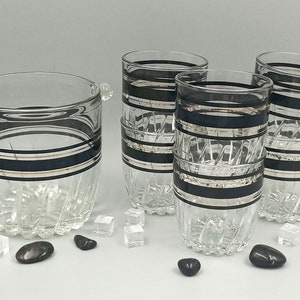 Vintage transparent glass whiskey SERVICE, ice BUCKET and 6 GLASSES with black and gold borders