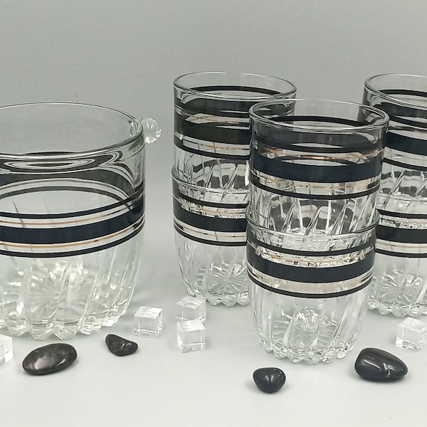 SERVICE à whisky verre transparent vintage, SEAU à glace et 6 VERRES liserés noirs et or