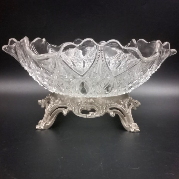 Transparent glass dish on foot, vintage pressed glass display, heart pattern