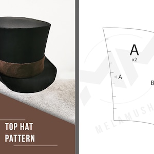 May include: A black top hat with a brown band, displayed on a white surface. The image also includes a pattern for the hat, with the text "TOP HAT PATTERN". The pattern includes the text "A" and "B".