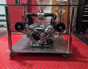 V8 Engine Coffee Table • Automotive Art, Stainless Steel & Glass