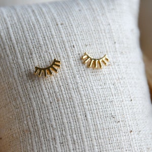 Gold Plated Earrings, Studs, Modern, Tiny Bar, Plug, Gold Leaf, Minimalist, Geometric, Lead and Nickel Free, Fan Earring, Eyelashes image 3