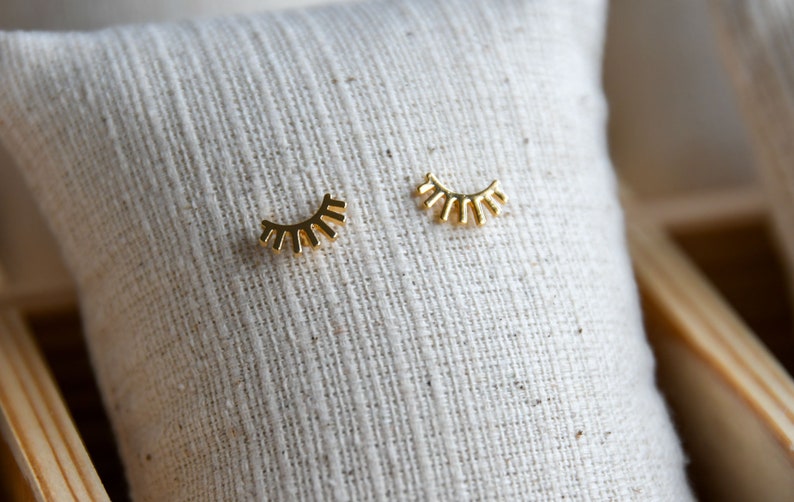 Gold Plated Earrings, Studs, Modern, Tiny Bar, Plug, Gold Leaf, Minimalist, Geometric, Lead and Nickel Free, Fan Earring, Eyelashes image 3