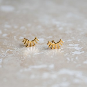 Gold Plated Earrings, Studs, Modern, Tiny Bar, Plug, Gold Leaf, Minimalist, Geometric, Lead and Nickel Free, Fan Earring, Eyelashes image 1