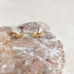 Gold Plated Earrings, Studs, Modern, Tiny Bar, Plug, Gold Leaf, Minimalist, Geometric, Lead and Nickel Free, Fan Earring, Eyelashes image 2