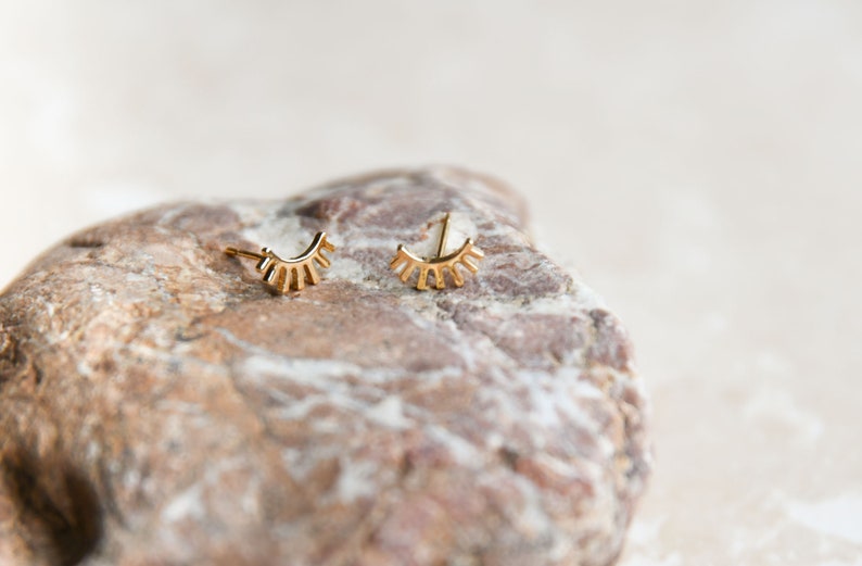 Gold Plated Earrings, Studs, Modern, Tiny Bar, Plug, Gold Leaf, Minimalist, Geometric, Lead and Nickel Free, Fan Earring, Eyelashes image 2