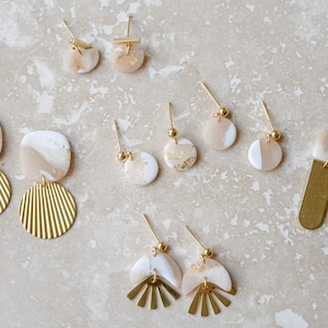Polymer Clay Earrings, GLAM COLLECTION, Studs, Handmade, wedding, Stone, Boho, Translucent, beige, gold, marble, festive