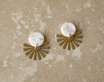 Polymer Clay Earrings, SAHARA, Studs, Sun Earring, Pastel Color, Ivory, Plain, Summer, Handmade, Brass