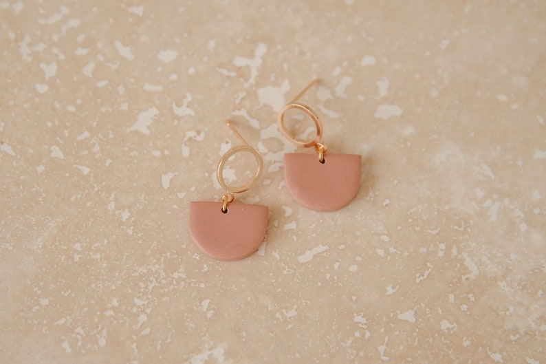 Polymer Clay Earrings, LOOP, Stud, Minimalist, Handmade, Gold Plated, Geometric Rose