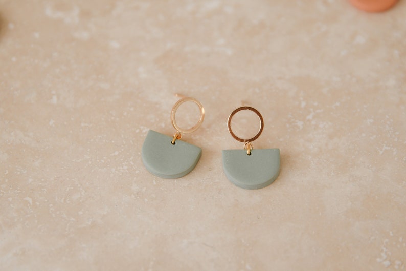 Polymer Clay Earrings, LOOP, Stud, Minimalist, Handmade, Gold Plated, Geometric Pale Green