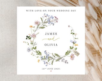 Personalised Wedding Card - Congratulations On Your Wedding Day - Mr & Mrs Card - Newlyweds - The Happy Couple - Wild Flowers, Floral Wreath