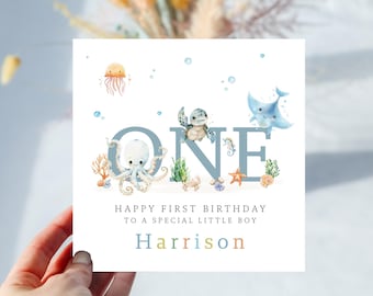 Tarjeta de cumpleaños personalizada para el primer cumpleaños - Tarjeta de cumpleaños bajo el mar - Tarjeta de criaturas marinas del océano para hijo, nieto, sobrino, ahijado o niño en su primer cumpleaños