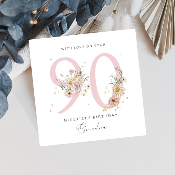 Personalised 90th Birthday Card - Age 90 Birthday Card - Floral Ninetieth Celebration Card For Mum, Grandma, Nanny, Auntie, Sister, Friend