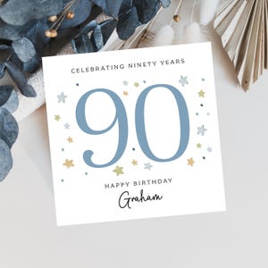 Puede incluir: Tarjeta de cumplea&ntilde;os blanca con el n&uacute;mero 90 en azul, rodeada de ilustraciones de estrellas. La tarjeta dice "Celebrating Ninety Years" y "Happy Birthday Graham" en escritura negra. Elementos decorativos visibles en el fondo.