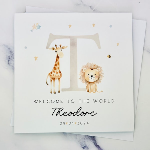 Personalised New Baby Boy Card - Newborn Card With Initial - Safari Themed New Baby Card - Welcome To The World Baby Boy
