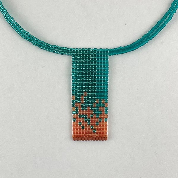 Turquoise and rust tapestry necklace.  Woven seed bead banner necklace.