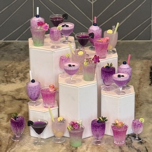 1:3 Purple drink collection, drinks for dolls, elf prop, Byers caroler drinks, spring doll drinks, summer drinks, 17” thru 20”, 18”doll prop