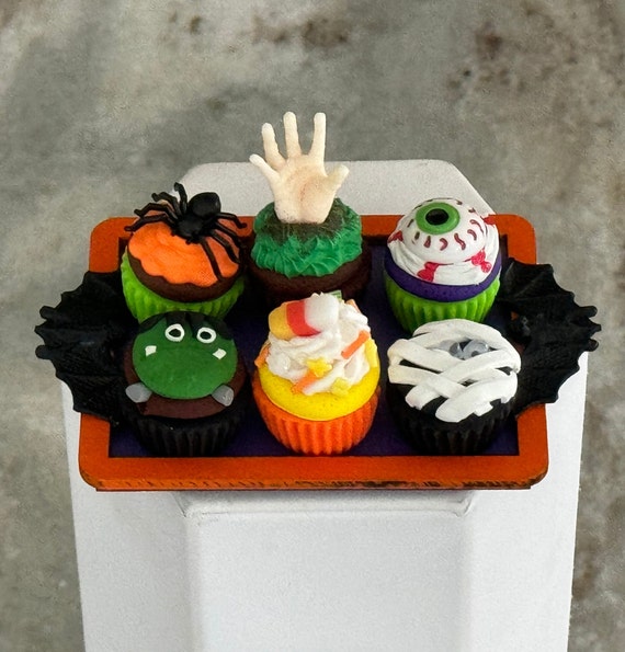 1:3 scale Halloween cupcakes for dolls, 16” thru 18” doll prop, 1/3 Halloween doll props, fake doll food, 1/3 doll cupcakes, Byers caroler
