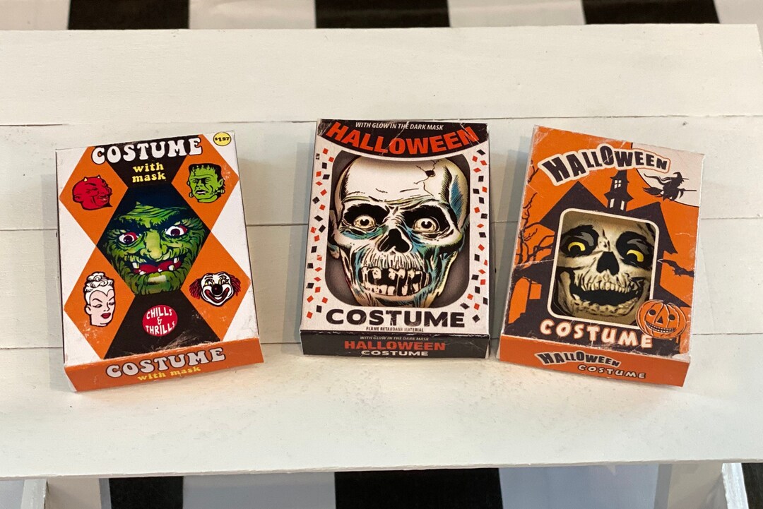 14 Set of 3 Mini Retro Halloween Costume Boxes, Halloween Doll Props