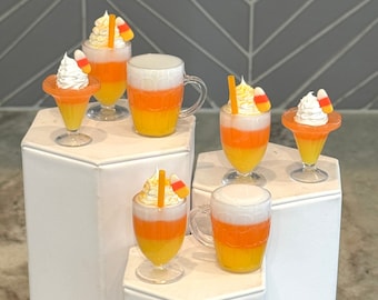 1:3 candy corn drinks ant desserts for dolls, 1/3 doll food, treats for 16” thru 20” dolls, Byers caroler props, doll props, accessories
