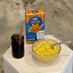 1:6 Mac n cheese for dolls, doll food. Elf prop, 1/6 food for doll, 1/6 macaroni and cheese dinner for doll, 1/6 drink , fake doll food