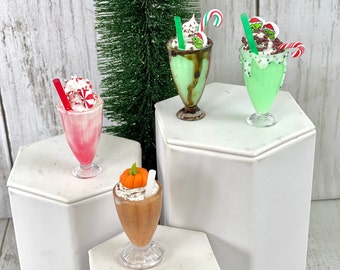 1:3 fake milkshakes for dolls, Byers caroler props, elf props, mini milkshakes for 13” thru 18” doll, fake peppermint milkshake, doll drinks