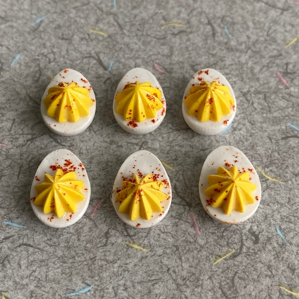 6 mini deviled eggs 1:3 scale for 13" dolls thru 18" dolls, fake deviled eggs, deviled eggs for dolls, 1/4 doll food, 1/3 doll food