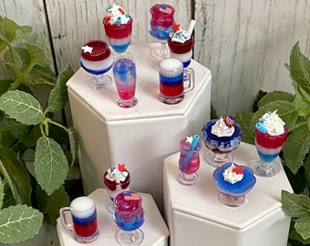1:6 scale drinks for dolls, 1/6 doll dessert, 1/6 patriotic drinks, 1/6 4th of July props, elf prop, drinks for 10” thru 12” doll, mini drin