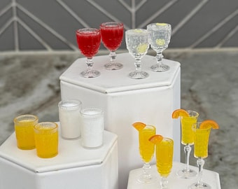 1:6 scale mimosas, orange juice, milk and water cups for dolls, elf prop, 10” thru 12” doll drinks, mini drinks for doll, playscale mimosas