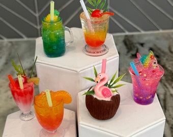 1:3 scale tropical drink assortment, 1/3 mixed drinks, 1/3 tiki drinks, 1/3 doll drink,  16” doll, 18” doll, fake summer drinks,