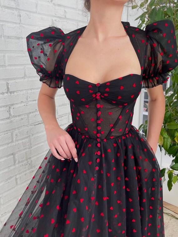 Hermoso negro rojo vintage / vestido negro de encaje - Etsy España