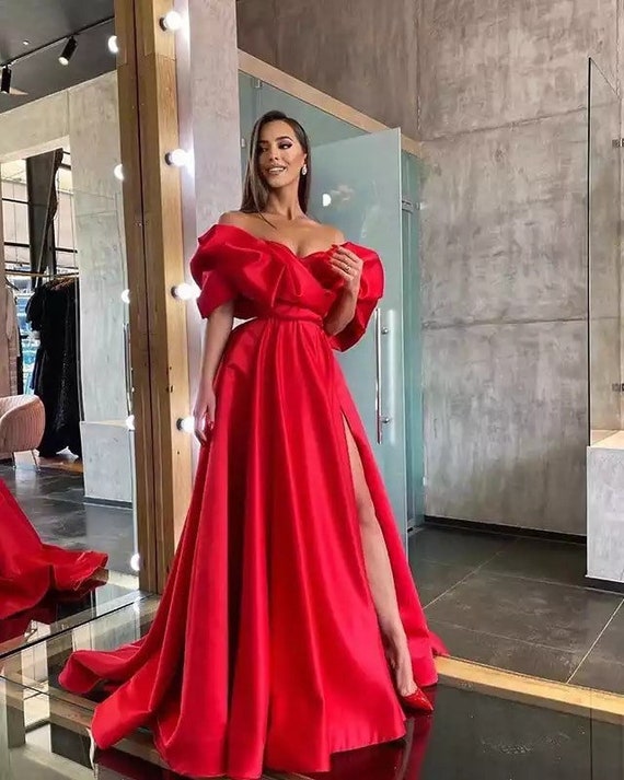 rojo de mujer Vestido de fiesta de raso rojo de satén - Etsy México