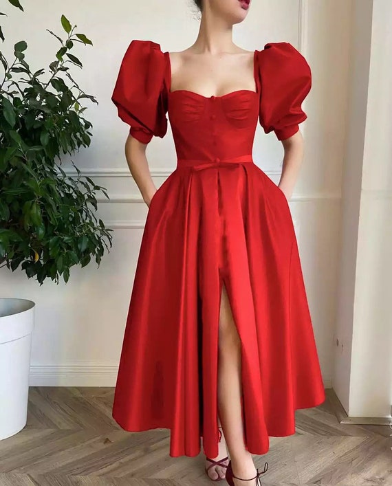 Beautiful Vintage Red Dress / Chic Red Dress With Puff Sleeve - Etsy