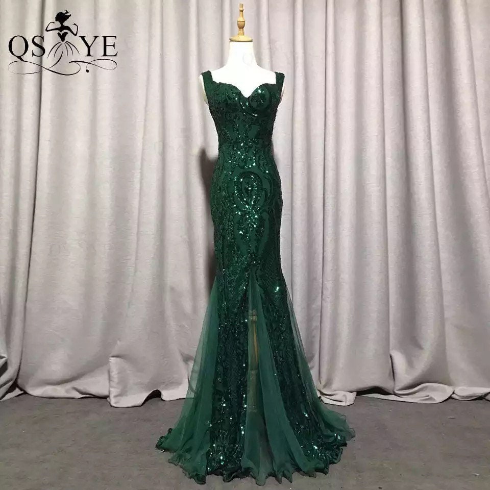 Luxury Emerald Evening Dresses Green Sequined Long Mermaid - Etsy