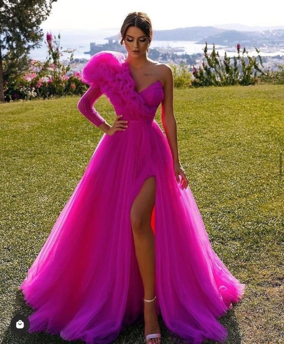 Cherry Pink Prom Dress Long Puffy Ball Gown Sparkle Silver - Etsy