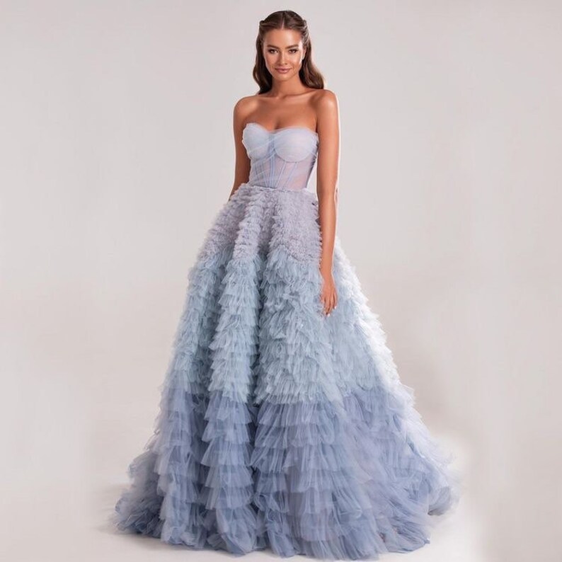 Blue Prom Dresses Tiered Ruffles Tulle Pleat Ruched A-line - Etsy