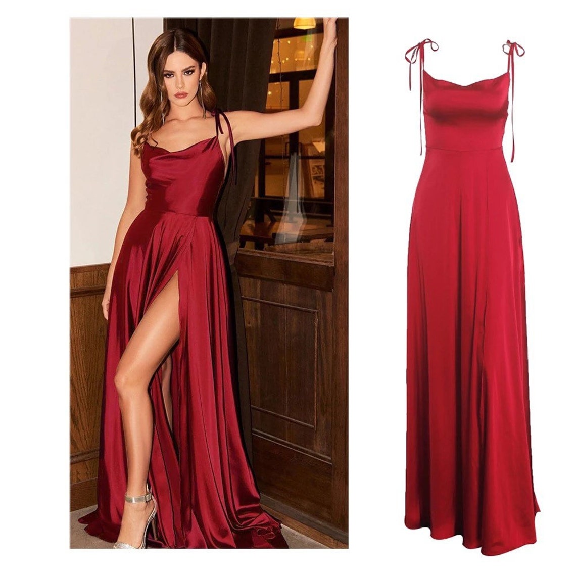 Red Silk Slip Dress With Cowl Neck Silk Bridesmaids Dress Etsy