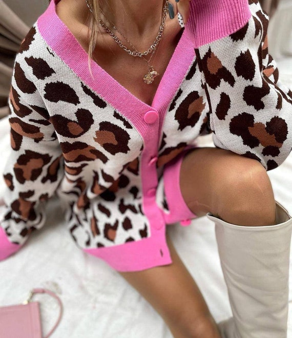 StylebrandRz Leopard Cardigan / Pink Leopard Cardigan | Red Leopard Cardigan / Womens Out Vest Wear / Autumn Wear , Winter Wear
