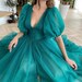 Vintage Teal Green Dotted Button 1950s Gown | Tulle Prom Party V-Neck Dresses Teal A-Shape Dress | Puffy Sleeves Dress 
