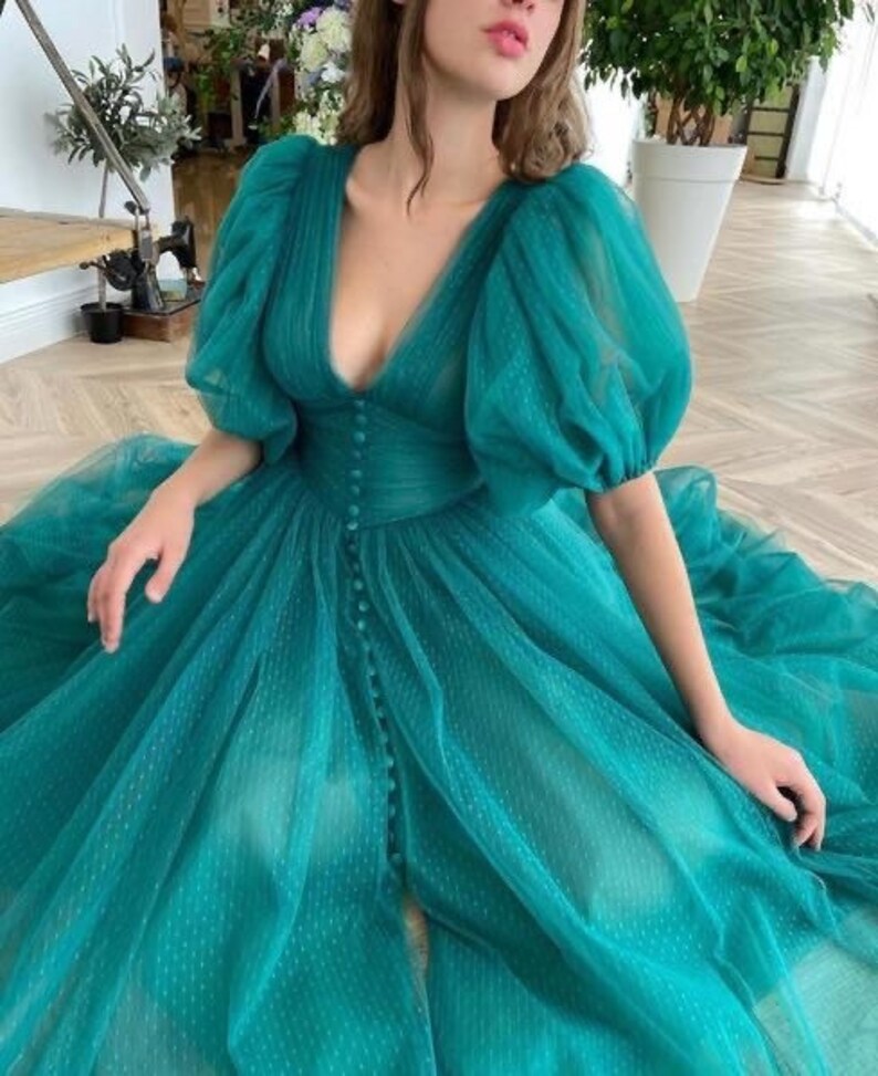 Vintage Teal Green Dotted Button 1950s Gown | Tulle Prom Party V-Neck Dresses Teal A-Shape Dress | Puffy Sleeves Dress 