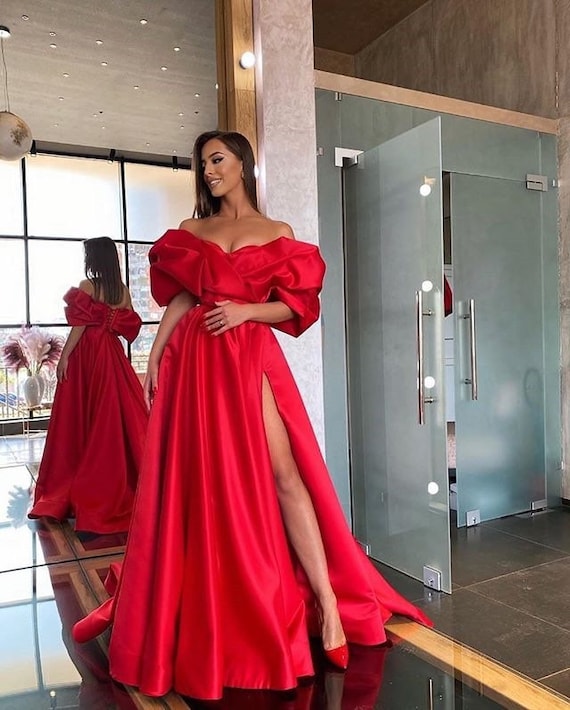 Red Womens Dress Red Satin Floor Length 