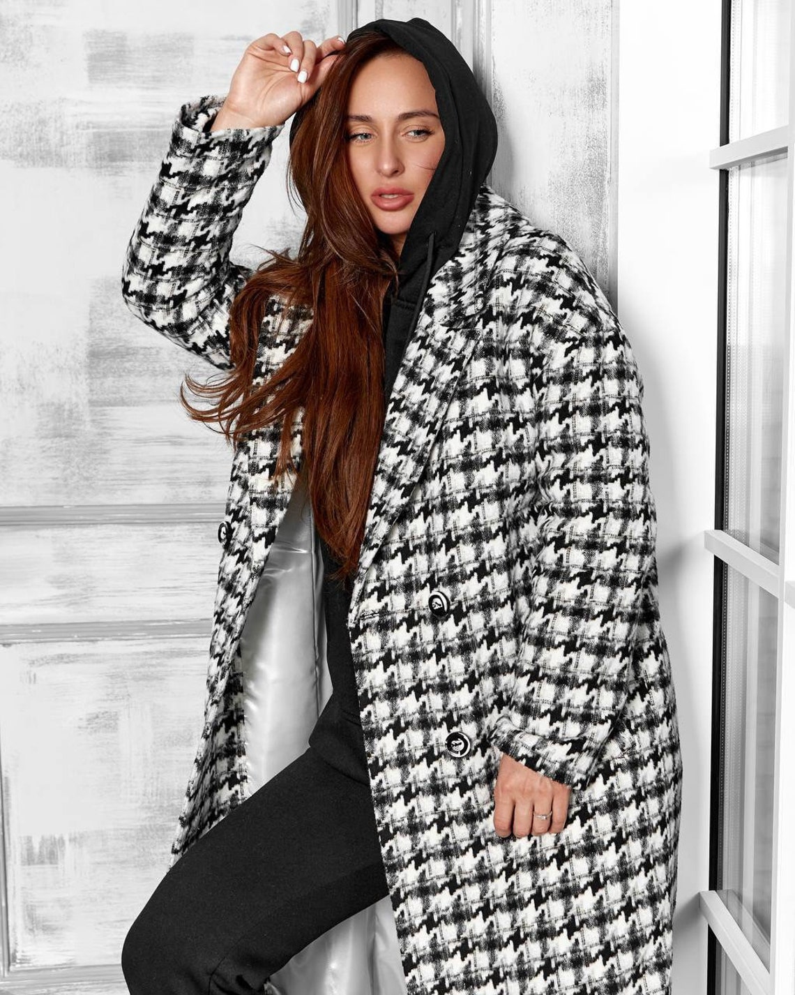 houndstooth overcoat women's