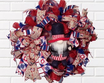 Patriotic Deco Mesh Gnome Wreath, Uncle Sam Gnome, 4th of July Wreath, Front Door Decor, Gnome Lovers, Red White Blue, Military Family