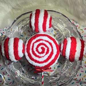 Decorative Yarn Balls & Lollipop Embellishment/Attachment, Red-White Balls/Lollipop Ornament, Peppermint Decor, Tiered Tray Decor, Candyland