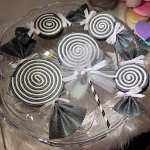 Glittered Foam Lollipop and Candy, Black and White Swirl Candy, Black and White Wreath Embellishment, Candy Ornament, Tiered Tray Decor