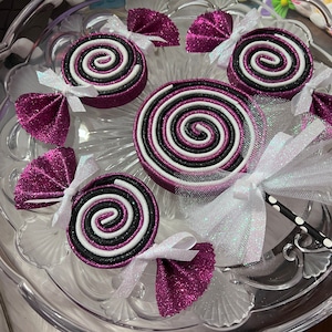 Glittered Foam Lollipop and Candy, Black White & Purple Swirl Candy, Halloween Wreath Embellishment, Candy Ornament, Tiered Tray Decor
