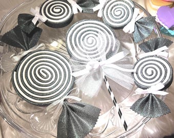Glittered Foam Lollipop and Swirl Candy: Black & White Ornament
