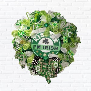 St. Patrick&#39;s Day Wreath, Kiss Me I&#39;m Irish, Mesh Wreath, Front Door, Irish Wreath, Clover Wreath, Leprechaun, St. Patrick Kiss Me Wreath